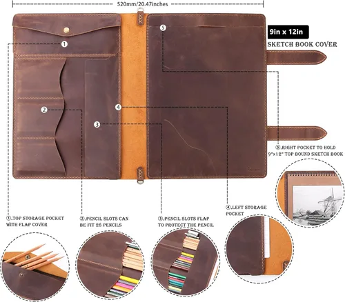 Miniatura 2 de Robrasim Funda de Cuero para Cuaderno de Bocetos Hecha a Mano, Soporte para Bloc de Bocetos de Artista para Cuaderno de Bocetos de 9 x 12 pulgadas