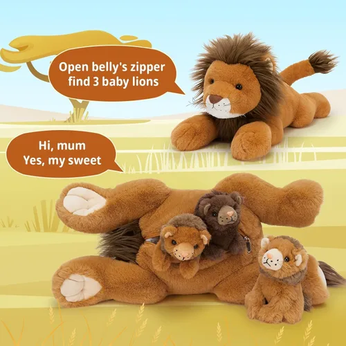 Miniatura 3 de MaoGoLan Juego de 4 peluches de león de 19.6 pulgadas con 3 bebés en ella con cremallera trasera, regalos encantadores para niños, adecuado