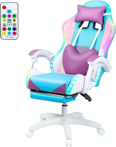 Miniatura 11 de Silla de juegos con altavoces Bluetooth y luces LED, silla ergonómica de piel sintética con reposapiés retráctil, silla giratoria de 360° con Rojo