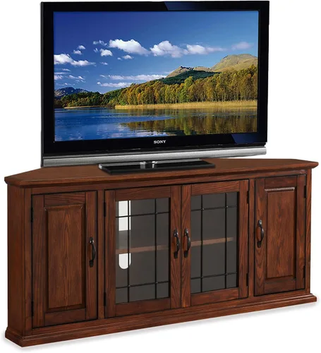 Miniatura 12 de Leick Home 80385 Soporte de TV de esquina de tres puertas de vidrio con plomo con almacenamiento cerrado para televisores de 50 pulgadas, roble