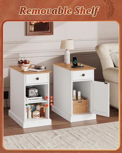 Miniatura 5 de WLIVE Mesa auxiliar con estación de carga, mesa estrecha con cajón y gabinete, mesa auxiliar con estante ajustable para sala de estar/dormitorio