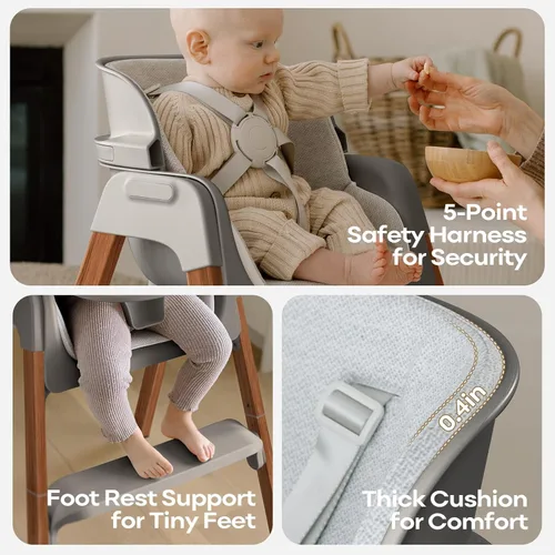 Miniatura 4 de Fodoss Silla alta convertible para bebé con bandeja desmontable, silla alta plegable para comer con cojín grueso, silla para Comer de Bebe Gris