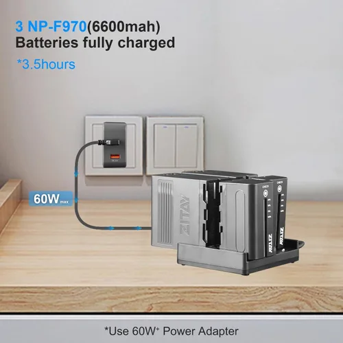 Miniatura 3 de Estación de carga rápida USB C de 4 canales con adaptador de cargador rápido PD de 65 W para baterías Sony NP-F550, NP-F750, NP-F770, NP-F970