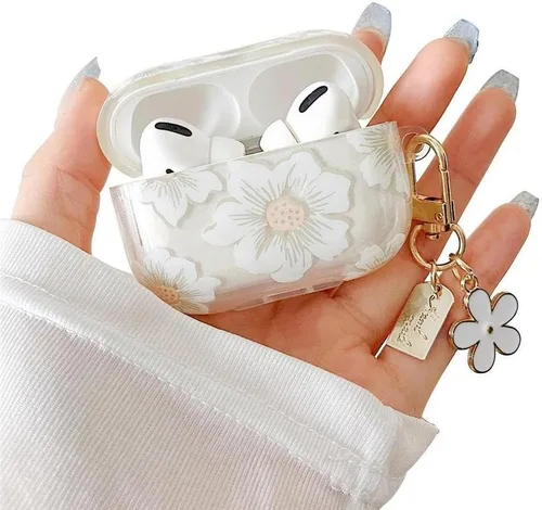 MINSCOSE Funda transparente para AirPods Pro 2, bonito diseño de flores de dibujos animados con llavero floral, funda protectora de TPU suave a
