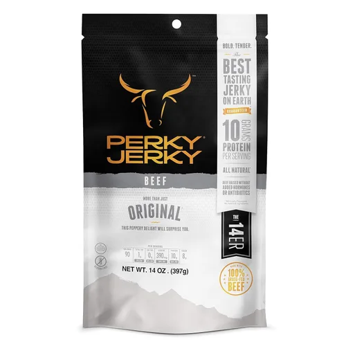 Perky Jerky Carne seca original 100% alimentada con pasto, 14 onzas, libre de antibióticos, 0.35 onzas de proteína por porción, baja en grasa, hecha