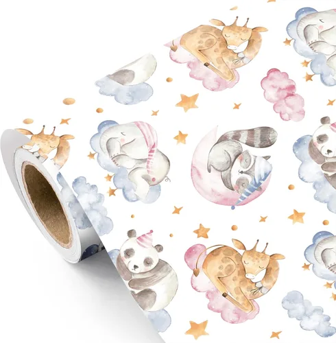 Miniatura 15 de WRAPAHOLIC Rollo de papel de regalo Kraft Animal - Mini Rollo - 17 pulgadas x 16.5 pies - Diseño de mono, elefante y dinosaurio lindos, perfecto