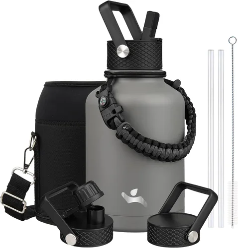Miniatura 22 de Konokyo - Botella de agua aislada de 18 onzas, botellas deportivas de acero inoxidable con 3 tapas, verde militar