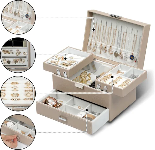 Miniatura 2 de Dajasan Joyero organizador, cajas de joyería para mujeres y niñas, caja de regalo de joyería de 3 capas para Navidad, día de San Valentín