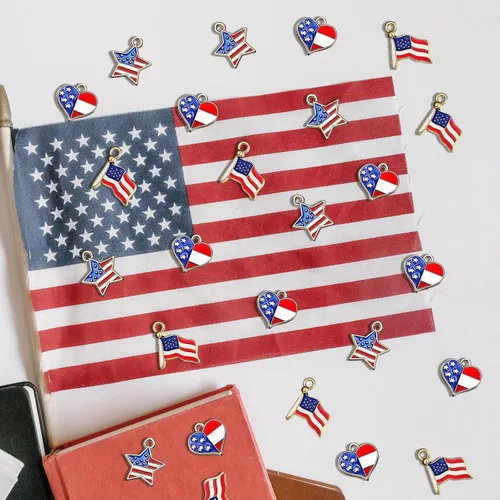 Miniatura 4 de BINBE 90 dijes de bandera estadounidense, colgantes de esmalte patriótico para el Día de la Independencia del 4 de julio, bandera colgante