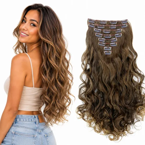 Miniatura 18 de PRETTYSHOP XXL Full Head Set 8 PCs 20 pulgadas Clip en extensiones de pelo Hairpiece Wavy Heat-Resisting, CES1-1_1, 1
