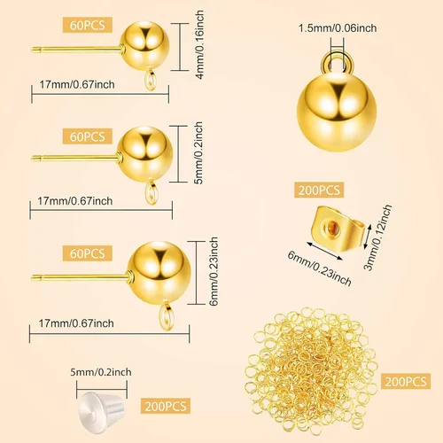 Miniatura 2 de Juego de 780 aretes de bola, hipoalergénicos, de 4/5/0.236 in, redondos, con lazos, suministros para aretes de mariposa y parte trasera de silicona