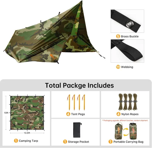 Miniatura 2 de FREE SOLDIER Lona impermeable portátil multifuncional para exteriores, camping, viajes; toldo de mochilero, refugio contra la lluvia Camuflaje 10 ×