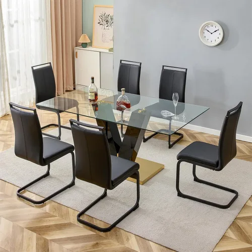 Miniatura 15 de Juego de mesa de comedor de vidrio de 71 pulgadas para 6, juego de mesa de comedor para 6, mesa de cocina moderna y 6 sillas de PU, parte superior 6