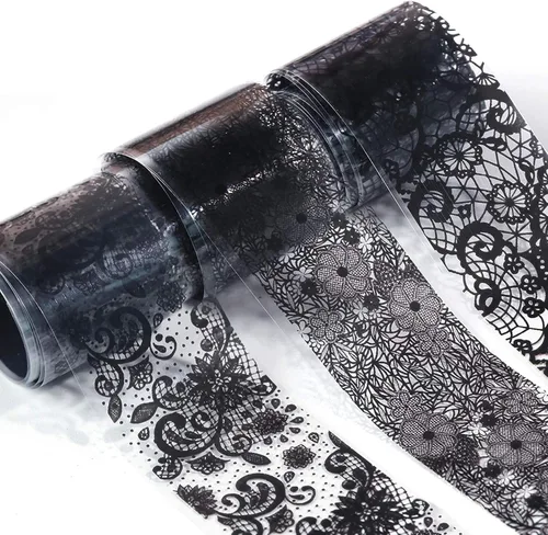 Miniatura 6 de 10 rollos de calcomanías holográficas retro de transferencia de láminas láser de encaje negro, suministros de arte de uñas, diseños de papel