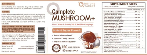 Miniatura 9 de NATURE TARGET Suplemento de hongos, complejo de hongos con melena de león, cola de pavo, reishi, cordyceps, shiitake, hongos 14 en 1 para memoria