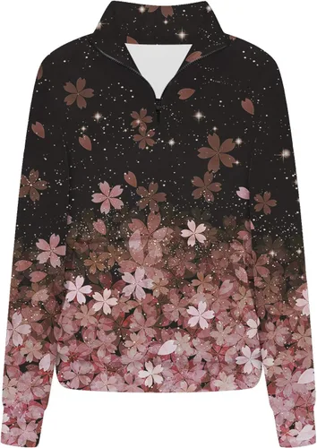 Miniatura 2 de Fall Clothes for Women Sweatshirt 14 Zip Neck Pullover Top Vintage Floral Printed Aesthetic Shirts Tops with Pockets