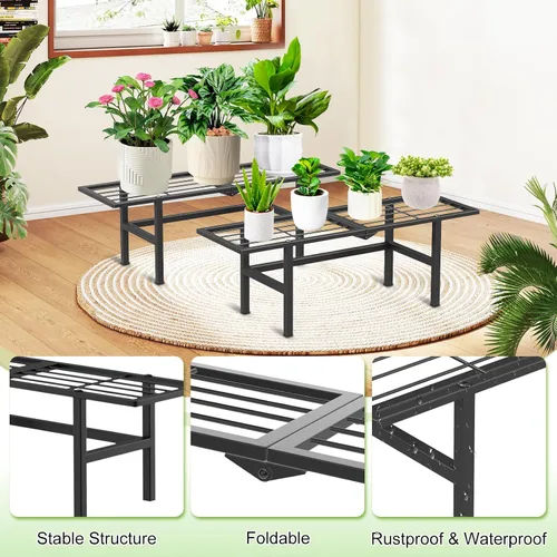 Miniatura 3 de Paquete de 2 soportes para plantas de 1 nivel para interiores y exteriores, estante plegable de metal para plantas, diseño estrecho de 8.7 pulgadas