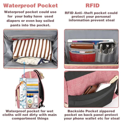 Miniatura 5 de Jiefeike Mochila para pañales, bolsa de pañales rosa para bebés y niñas para mamá, bolsas de viaje para bebés, mochila para mujeres, bolsillos