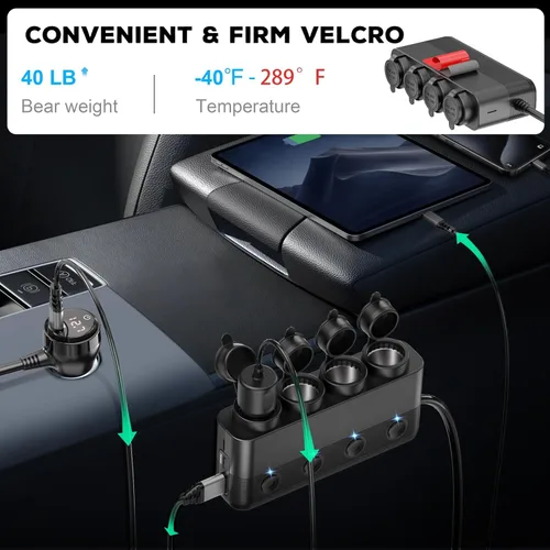 Miniatura 5 de Cargador de coche divisor de encendedor de cigarrillos, 300 W, 4 enchufes, adaptador de 12 V con doble PD 36 W y QC3.0 USB C multipuerto