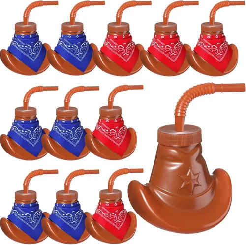 Gerrii 12 tazas de sombrero de vaquero con tapas y pajitas, vasos de plástico de 10 onzas para fiestas temáticas occidentales con mini bandanas para
