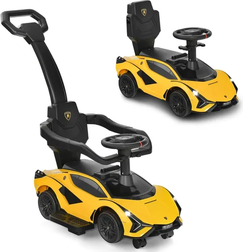 Miniatura 10 de INFANS 3 en 1 Coche de Paseo para Empujar, Silla de Paseo Licenciada Lamborghini para Bebés con Coche de Paseo Deslizante, Bocina, Música, USB, Negro