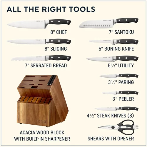 Miniatura 2 de Chicago Cutlery Insignia Triple Rivet Poly (18 piezas) Juego de bloques de cuchillos de cocina con bloque de madera y afilador integrado, mangos