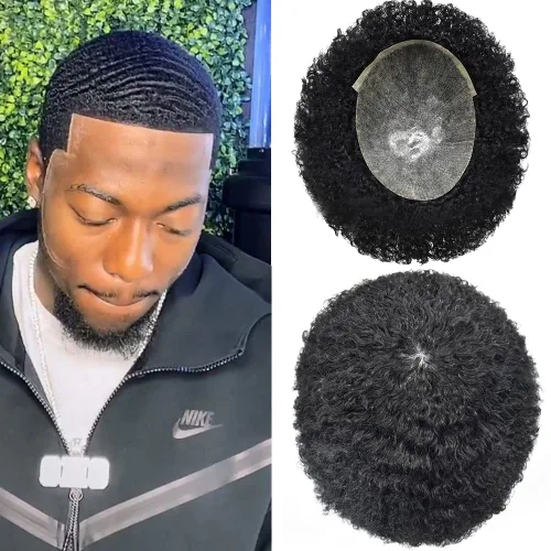 Cabello afro rizado para hombre maravillas de cabello humano afroamericano de repuesto para hombres negros, piel de polietileno completa, sistema de
