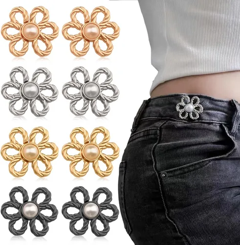 8 juegos de botones de mezclilla con flores para ajustar la cintura de pantalones, conjuntos de hebilla ajustable para la cintura sin costura y sin