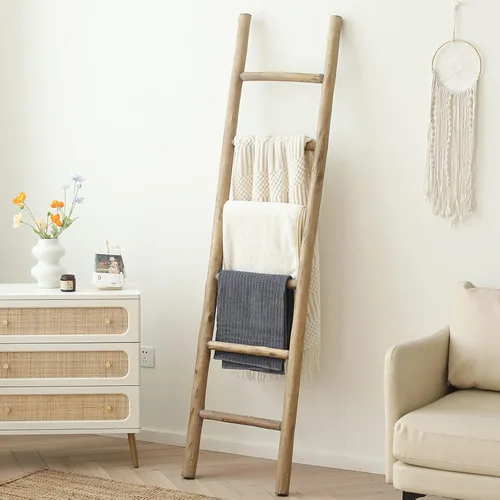Miniatura 8 de FUIN Escalera de madera de 6 pies totalmente montada, para sala de estar, decorativa, para pared, inclinada, granja, soporte para colcha, toallero