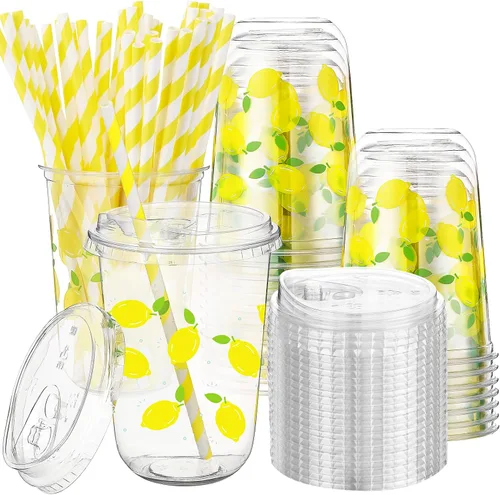Miniatura 7 de LemonRoad Juego de 50 vasos de plástico transparente de cereza con tapas y pajitas, vasos de fiesta de 16 onzas rosadas para café helado, batidos