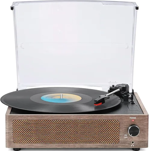 Tocadiscos de vinilo vintage con altavoces, giradiscos retro de transmisión por correa LP, fonógrafo de 3 velocidades, entrada inalámbrica Gris