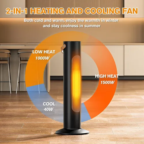 Miniatura 2 de Combo de calentador de torre y ventilador 2 en 1, calentadores eléctricos de 25 pulgadas para uso en interiores, oscilación de 70°, calefacción