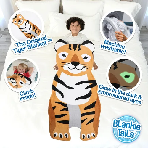 Miniatura 4 de Blankie Tails Manta de tigre portátil para niños, de doble cara, suave, manta de animal de forro polar, uso para fiestas de pijamas, ropa de cama