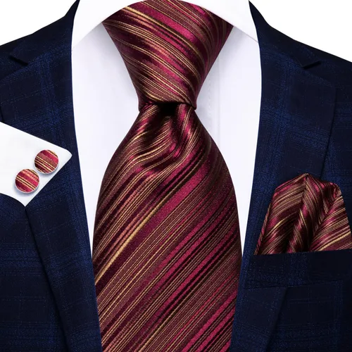 Miniatura 124 de Hi-Tie Corbatas de seda para hombre, diseño de cachemira a rayas, con bolsillo, gemelos cuadrados, conjunto formal de negocios