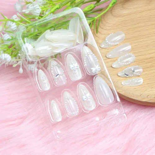 Miniatura 4 de Uñas postizas medianas a presión de almendra, con lazo 3D, perlas y diamantes de imitación, diseños de flores, uñas adhesivas, uñas acrílicas