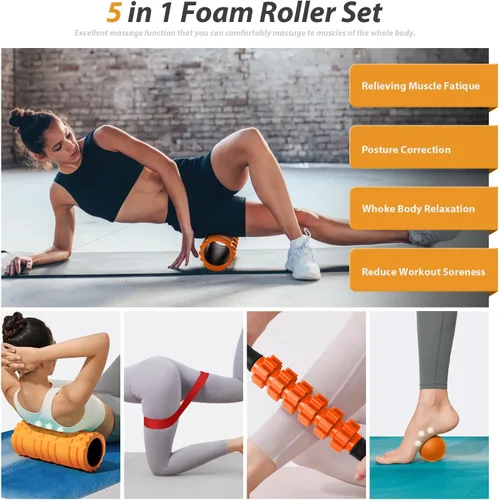 Miniatura 2 de Juego de rodillos de espuma 5 en 1 para masaje muscular de tejido profundo, rodillo de espuma para ejercicio de fitness de punto gatillo, rodillo