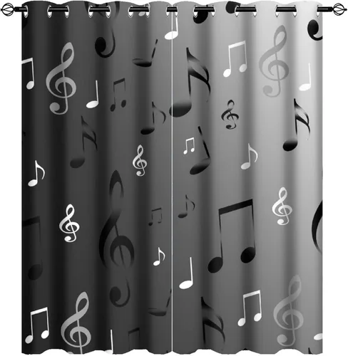 Miniatura 40 de Cortinas opacas de oscurecimiento de habitación con ojales, diseño rústico de símbolos musicales blancos y negros, tratamiento de ventana