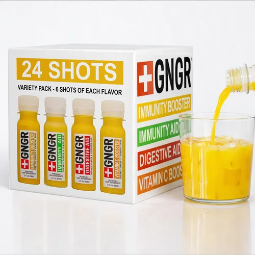 Miniatura 6 de +GNGR Paquete variado de 12 chupitos de jengibre orgánico. Prensado en frío, sin conservantes. Jugo de jengibre, raíz de cúrcuma, jugo de limón