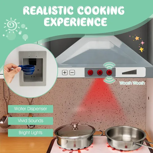 Miniatura 3 de Costzon Cocina de Juego de Esquina de 2 Piezas, Cocina de Juego de Madera con Lavadora, Luz y Sonido Realistas, Cafetera, Estufa y Accesorios