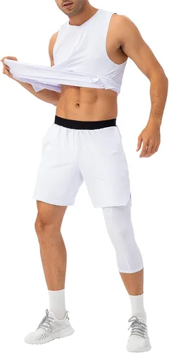 Miniatura 18 de Pantalones de compresión de 3/4 de una pierna para hombre, mallas de baloncesto atléticas para correr, leggings deportivos de capa base capri