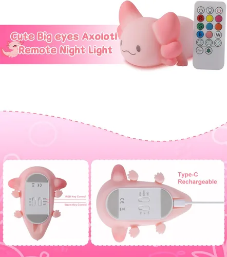 Miniatura 2 de ZKLiLi Luz Nocturna a Control Remoto para Niños con Forma de Ajolote, Linda Lámpara Regulable con Forma de Ajolote, Luz Nocturna con Temporizador