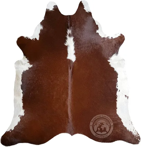 Sunshine Cowhides Genuino Hereford - Alfombra de piel de vaca roja, marrón y blanca, lujosa alfombra de vaca para dormitorio, sala de estar y