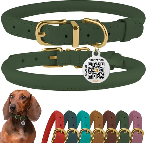 Miniatura 13 de Collar de cuero enrollado, redondo, suave y ajustable con placa de identificación por QR para perro pequeño, mediano y grande, cachorro y gato Rosa