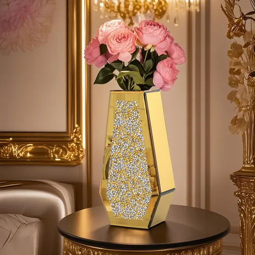 Miniatura 10 de Jarrón de flores con diamantes triturados, jarrones de espejo plateado para centros de mesa, jarrón de cristal brillante decorativo para decoración