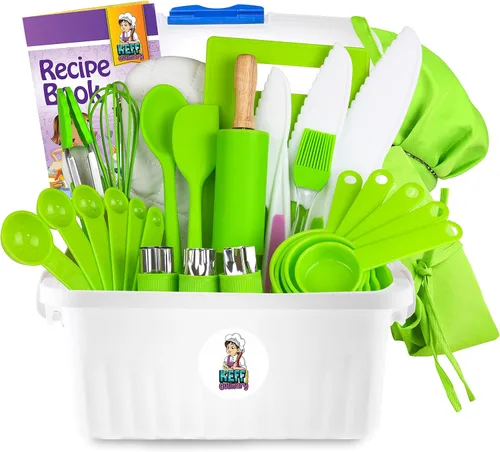 KEFF Juego de cocina para niños para cocinar y hornear con libro de recetas, juego de cuchillos para niños para cocinar realmente, herramientas de