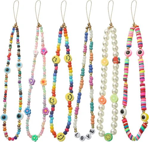 Miniatura 17 de 6 dijes con cuentas para teléfono, correas con cuentas de frutas, estrellas, perlas falsas y arcoíris, cadenas de teléfono con cuentas para cámara