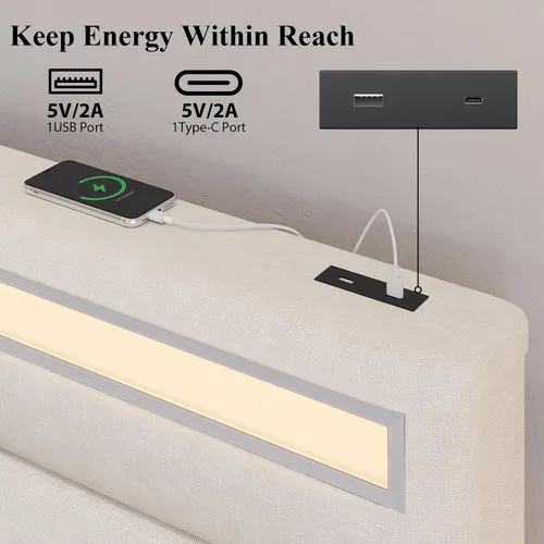 Miniatura 5 de E-Motie Marco de cama tamaño matrimonial con cabecero, cama tapizada con plataforma y otomano con almacenamiento, luces LED y estación de carga