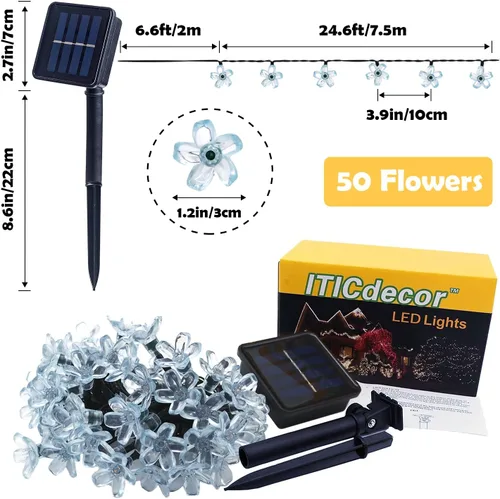 Miniatura 7 de ITICdecor - Tira de luces solares para exteriores con flores, impermeables, 50 luces LED, decoraciones de luces de hadas para árbol de Navidad