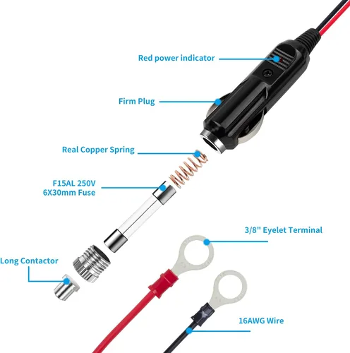 Miniatura 5 de Enchufe de cigarrillos macho a macho de 16 AWG 15 A, cable de carga con luces LED (3 pies)