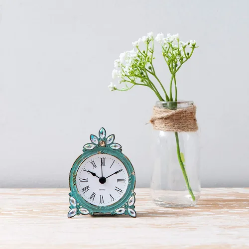 Miniatura 5 de NIKKY HOME - Reloj de mesa mini de cuarzo peltre vintage con cristal brillante de strass, 2.87 x 1.37 x 3.87 pulgadas, Aqua
